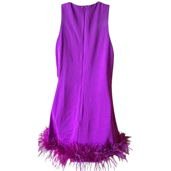 Mac Duggal Ieena Feathered Hem High Neck Sleeveless A-Line Dress Purple Satin 6 - Picture 6 of 13